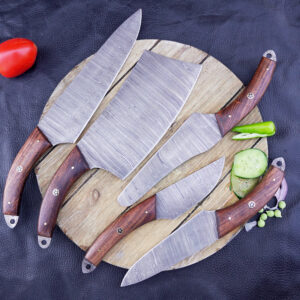 Professionally handmade 5 pieces Damascus steel kitchen set with cured Rose Wood handle with leather rolling bag