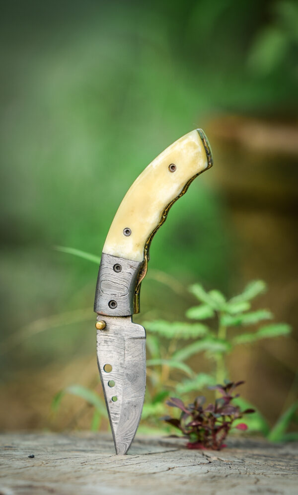custom handmade Folding knife Damascus blade with camel bone handle, liner lock with leather pouch