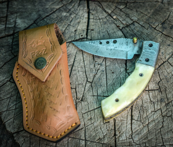 custom handmade Folding knife Damascus blade with camel bone handle, liner lock with leather pouch