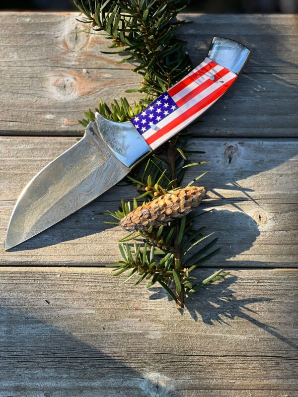 Steve Rick Skinner Knife With a Handle Featuring the USA Flag .