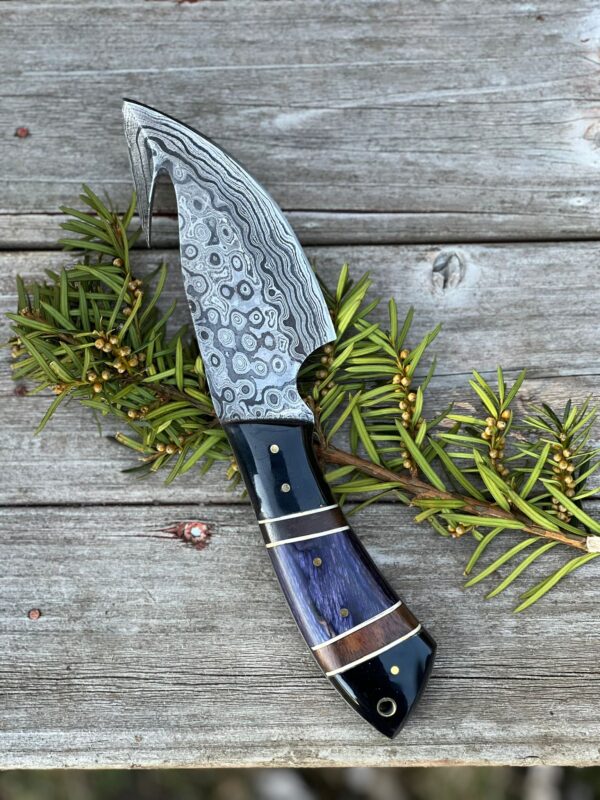 Gut Hook Knife Buffalo Horn Handle Crafted From Damascus Steel