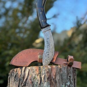 Kukri Knife With Buffalo Horn Handle Forged From Damascus Steel