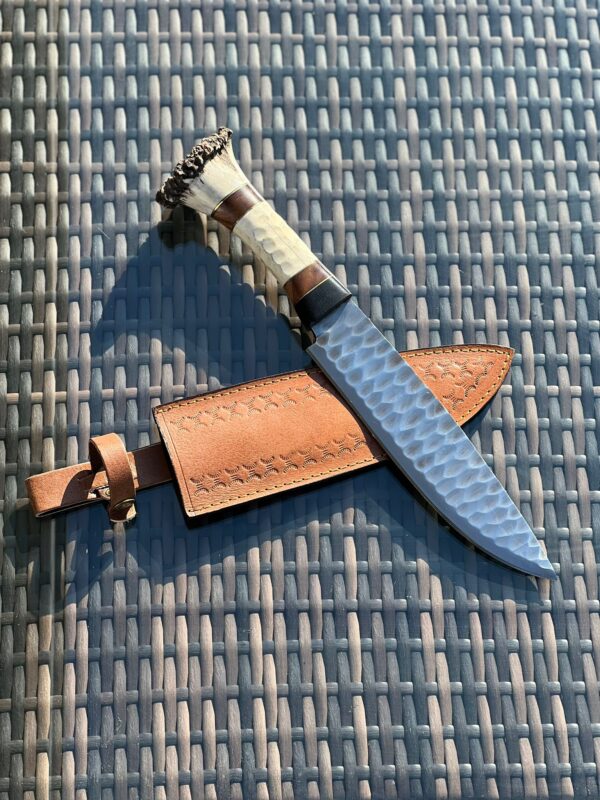 Stag Horn-Handled Hunting Knife With Drop-point Damascus Blade
