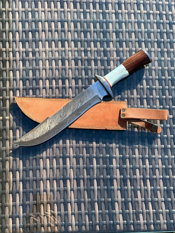 Damascus Bowie Knife With Camel Bone & Rose Wood Handle .