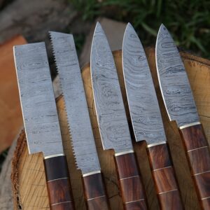 Precision-Crafted Damascus Chef Set With Rose Wood Handle .