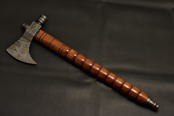 Medieval Axe Blend Of Carbon-Damascus Blade Rose-Wood Grip .