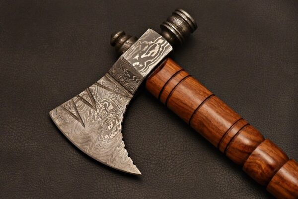 Medieval Axe Blend Of Carbon-Damascus Blade Rose-Wood Grip .
