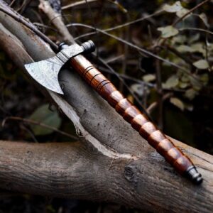 Rose-Wood Handled Forged Damascus Steel Pipe Tomahawk Axe .