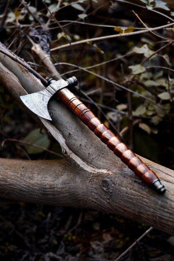 Rose-Wood Handled Forged Damascus Steel Pipe Tomahawk Axe .