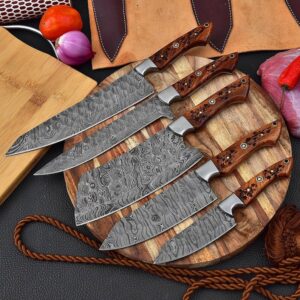 Damascus Steel Chef Set With Floral-Etched Rose Wood Handle .