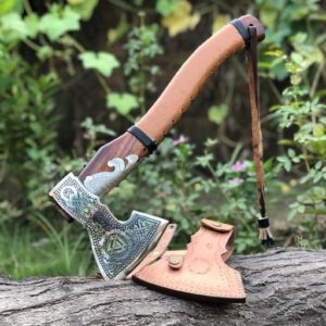 Engraved Viking Axe Carbon Steel Head With Rose-Wood Handle .