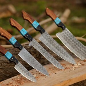 Hand-Forged Damascus steel Chef Set Resin + Wood Handle .