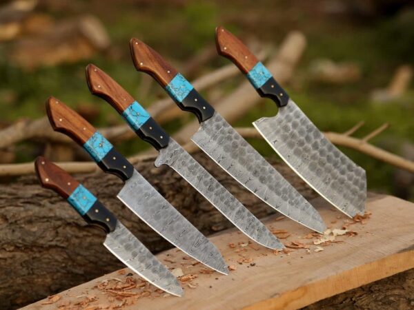 Hand-Forged Damascus steel Chef Set Resin + Wood Handle .