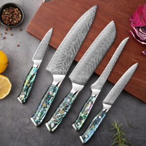 Damascus Steak Knife Chef Set with Real Abalone Shell Handles .