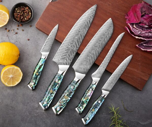 Damascus Steak Knife Chef Set with Real Abalone Shell Handles .