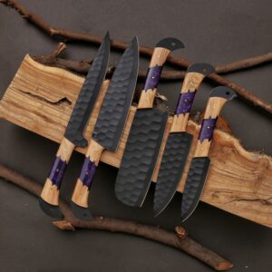 Damascus Chef Set Crafted Handles Blend Of Resin+ Olive Wood .