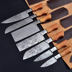 chef Set Of 7 Knives Damascus steel Blade Rose Wood Handle .