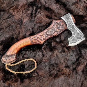 Carbon Steel Hatched Blade Viking Axe Engraved Birch Handle .