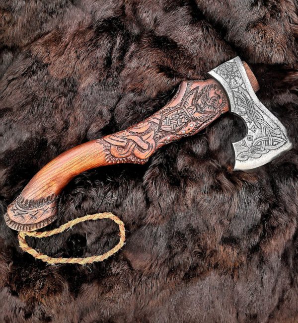 Carbon Steel Hatched Blade Viking Axe Engraved Birch Handle .