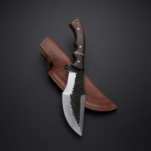 Carbon Steel Scalloped Textured Blade Tracker Knife Wood Handle