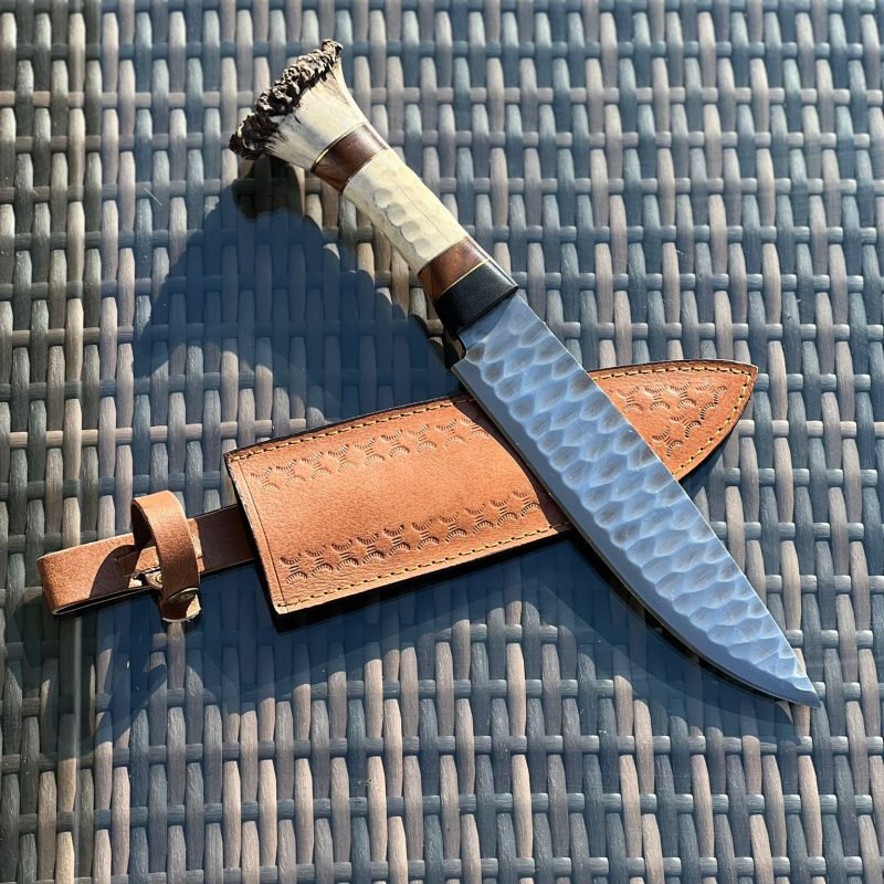 Stag Horn-Handled Hunting Knife With Drop-point Damascus Blade